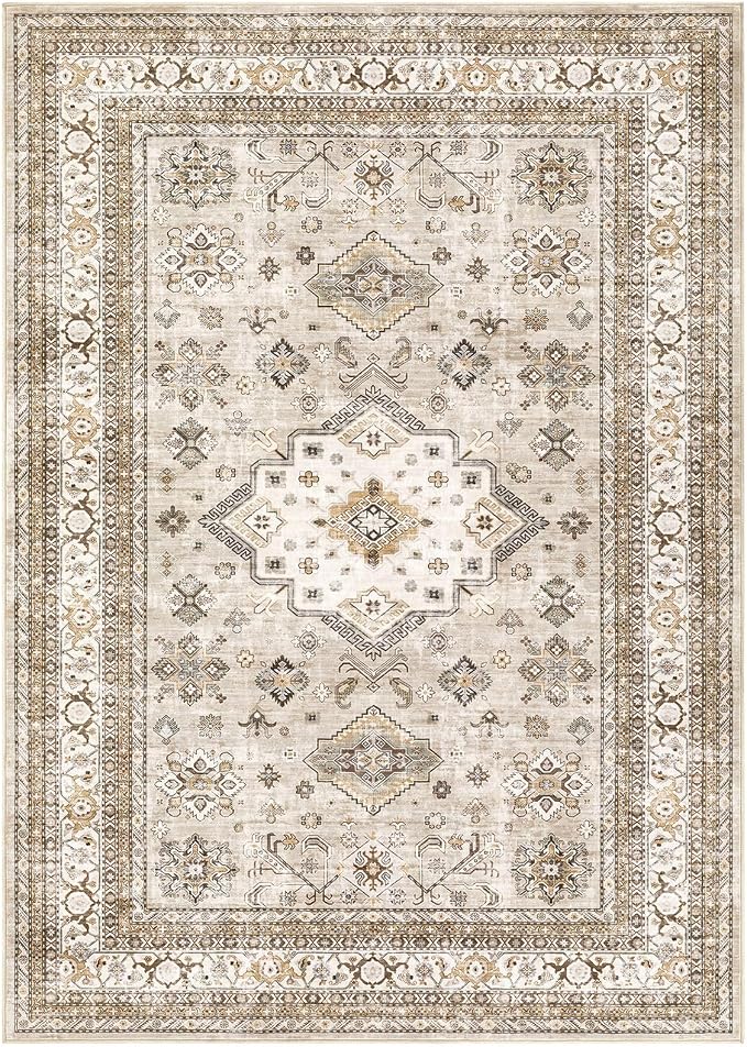Vintage Living Room Area Rug 7x9 - Large Soft Washable Oriental Traditional Distressed Farmhouse Rugs for Bedroom - Indoor Floor Accent Carpet for Home Office House Decor - Beige