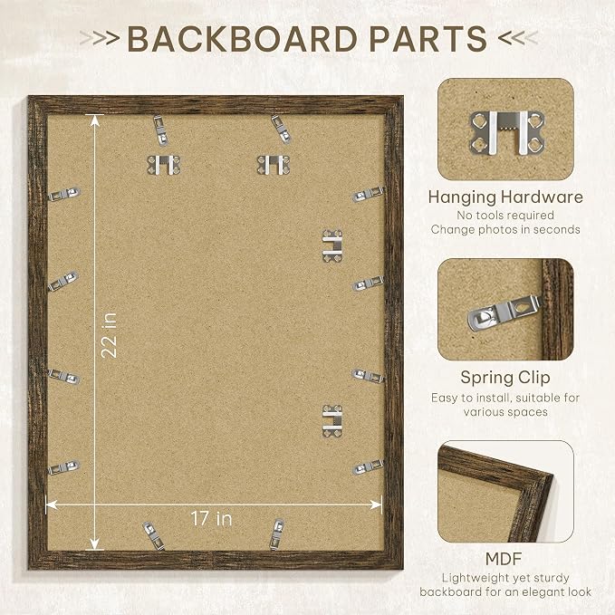 Picrit 17x22 Picture Frame 3 Pack, Wooden Brown Rustic Poster Frame, Display Poster 12 x 18 with Mat or 17 x 22 without Mat for Horizontal or Vertical Wall Mounting