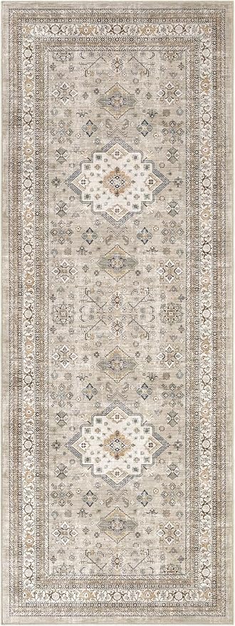 Vintage Hallway Runner Rug 3x8: Large Soft Washable Entryway for Kitchen Laundry Room Non-Slip Backing Runner for Entrance Living Room Bedroom Bathroom - Beige