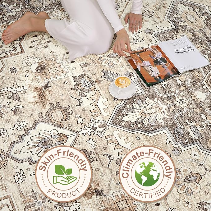 LOONGRUG 12x18 Rug Living Room: Washable Boho Large Neutral Vintage Soft Rugs Stain Resistant Farmhouse Non-Slip Indoor Floor Carpet for Bedroom Nursery Kids Playroom Office Dining Room- Beige Brown