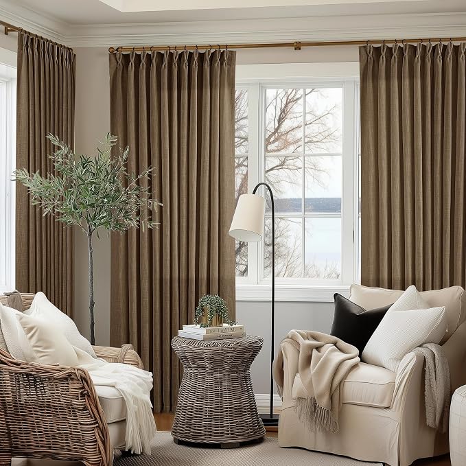 Extra Wide 120 Inch Long Curtains 70 Inch Wide Pinch Pleat Linen Curtains for Living Room Bedroom Light Filtering Privacy Pleated Drapes Hooks Rings Back Tab for Sliding Door Dutch Cocoa 1 Panel