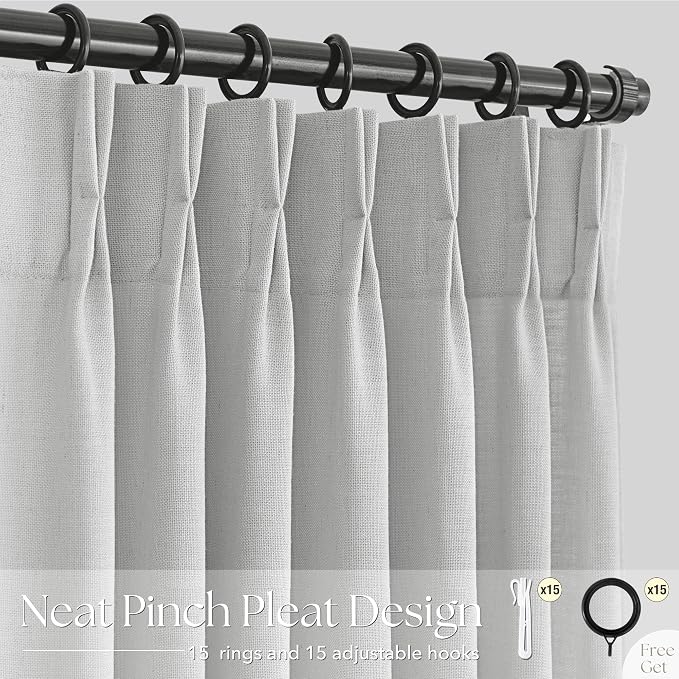Grey Pinch Pleated Linen Curtains 45 Inch Length 2 Panels for Living Room Bedroom Textured Grey Semi Sheer Drapes Pinch Pleat Rings Window Curtain 40x45