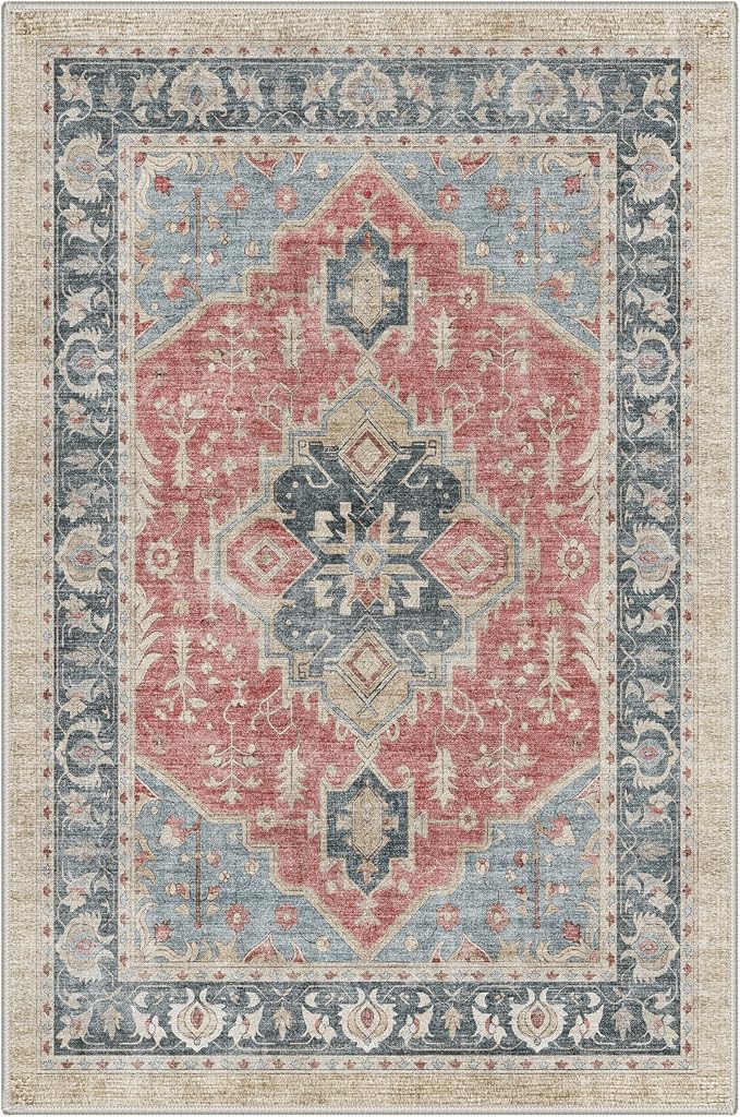 GENIMO 2x3 Rug Machine Washable Low Pile Indoor Entryway Mat for Kitchen Entrance Front Door Bathroom with Non Slip Backing Floral Medallion Dusty Red