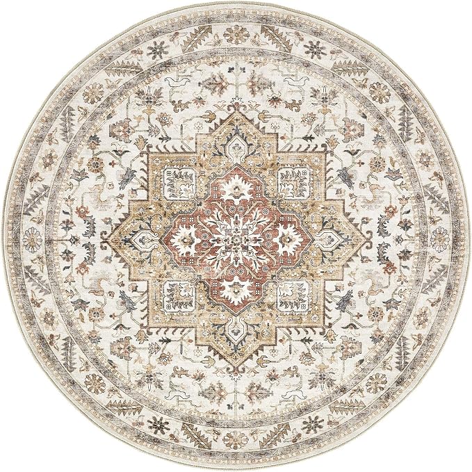 6ft Round Vintage Living Room Area Rug - 6x6 Large Soft Washable Oriental Traditional Distressed Farmhouse Rugs for Bedroom - Indoor Floor Accent Carpet for Home Office House Decor - Golden Taupe