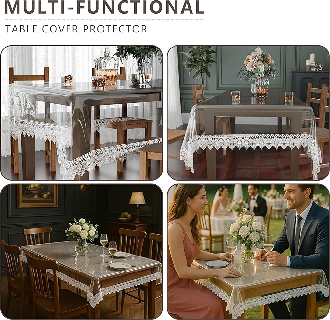 JIUZHEN Clear Vinyl Tablecloth Protector, Waterproof/Oil-Proof, Transparent Lace Trim Table Cloth for Dining, Easy Wipe Clean, Plastic Square Transparent Sheet Table Cover, 54"x54"