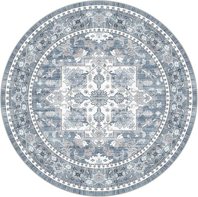 5ft Round Area Rug: Washable Vintage Neutral Soft Non Slip Thin Large Floor Carpet for Living Room Bedroom Kitchen Dining Room Home Office Farmhouse Indoor - Blue
