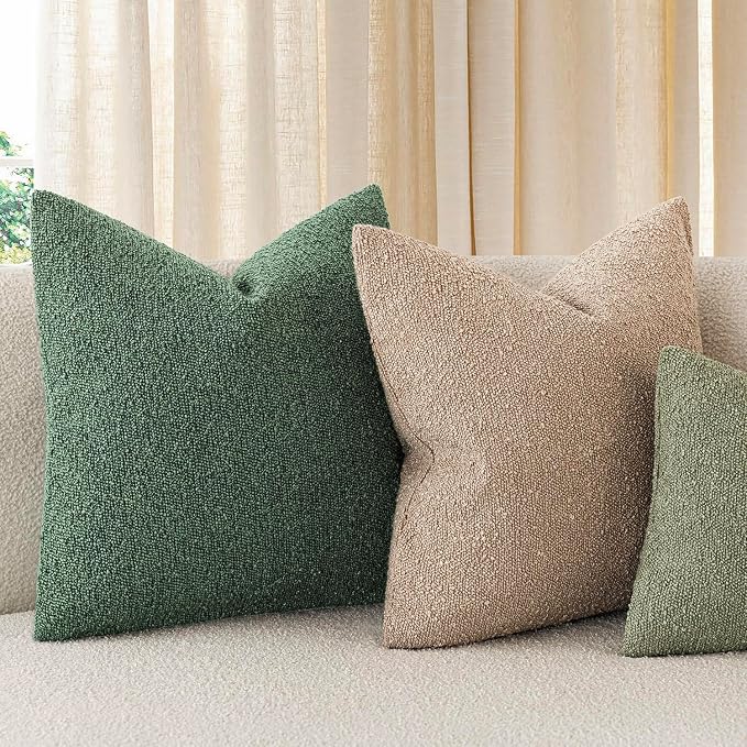 Foindtower Set of 2, Decorative Textured Boucle Throw Pillow Covers Accent Solid Pillow Cases Neutral Cozy Couch Cushion Case for Chair Sofa Bedroom Living Room Home Decor 24x24 Inch Pine Green