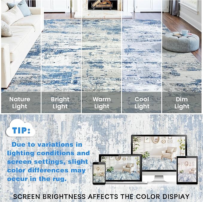 Area Rugs 9x12 Living Room: Large Soft Washable Rug Modern Abstract Anti-Skid Non-Shedding Carpet Indoor Floor Thin Carpets for Bedroom Dining Room Farmhouse Nursery Home Office Grey Blue