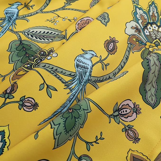 Mustard Yellow Retro Floral Curtains, Fun Colorful Spring Drapes for Living Room, Back Tab Rod Pocket Blackout Pretty Boho Botanical Blue Bird Patterned Window Panels for Bedroom Sunroom, 84 Inch Long