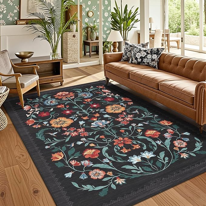 GarveeHome Washable Rug 9x12 Area Rugs for Living Room, Floral Rug for Bedroom, Soft Vintage Non Slip Throw Rugs with Rubber Back, Low Pile Stain Resistant Boho Floral Carpet for Dining Room, Black