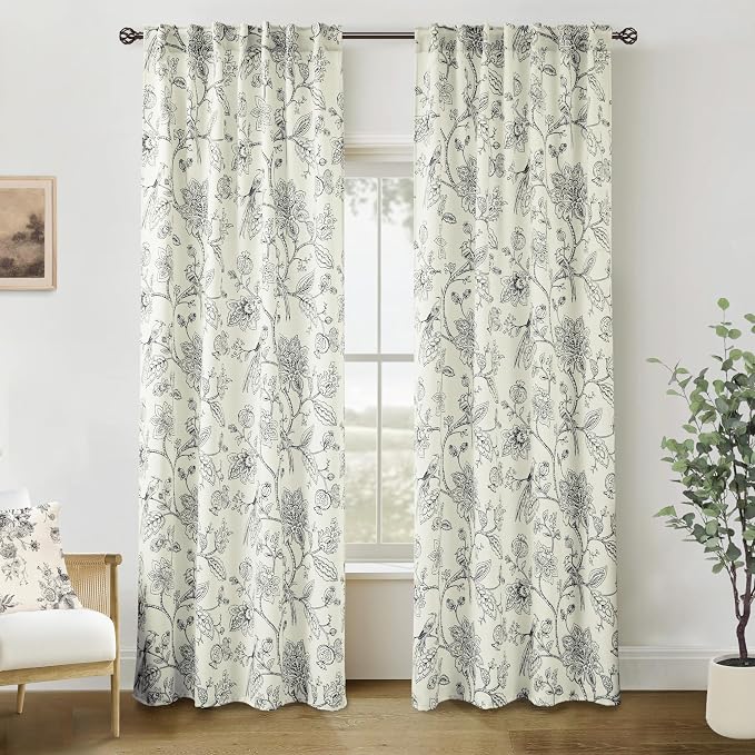 Black Vintage Farmhouse Floral Curtains, 8FT Floor to Ceiling Curtain Drapes for Living Room Bedroom 96 Inches Long 2 Panels Set