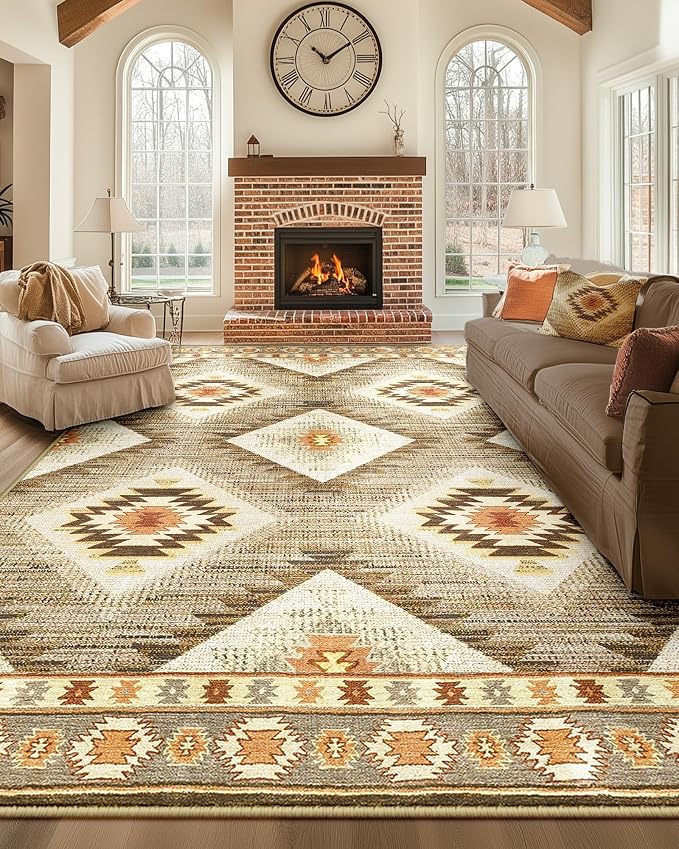 BESTSWEETIE Area Rug 10x14 Rug Machine Washable Non-Slip Low Pile Print Pattern Western Rug for Living Room Bedroom Entryway Tribal Series -Cream/Camel