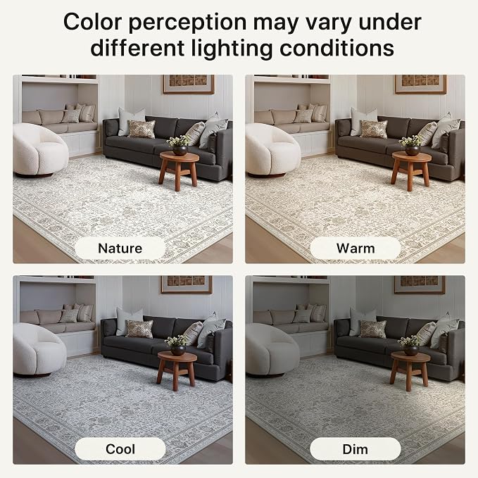 Bavni Washable Rugs 4x6 Machine Washable Rug Lightweight Low Pile, Vintage Floral Rug Non-Shedding Distressed Throw Carpet for Living Room Bedroom Office, Light Grey