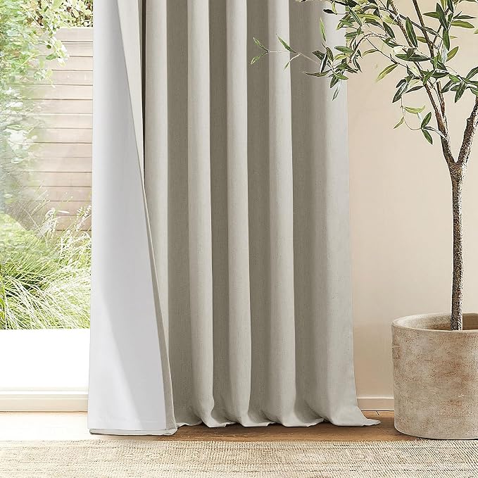 Light Beige Pinch Pleated 100% Blackout Linen Bedroom Curtains 96 Inch Length Double Layer Pleat Curtains Ring Hooks Back Tab Black Out Room Darkening Drapes 96 Inches Long Living Room Oatmeal