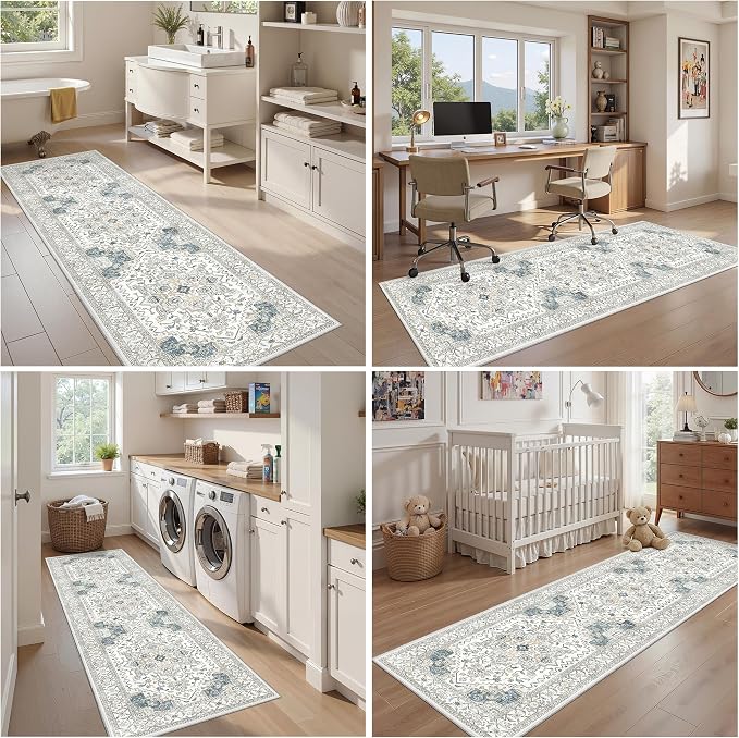 Washable 2x8 Runner Rug Vintage Area Rugs for Hallway Water Resistant Kitchen Entryway Rug Ultra Soft Living Room Bedroom Carpet Indoor Low Pile Floor Mat for Bathroom Dining Room (2'x8',BeigeBlue)