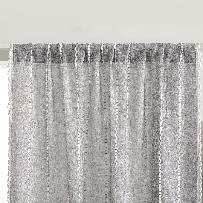 RoomTalks Rustic Farmhouse Kitchen Valances for Windows in Dark Gray, 18’’L x 52’’W Boho Striped Vintage Charcoal French Country Cottage Textured Tassel Curtain Valances for Bathroom Living Room