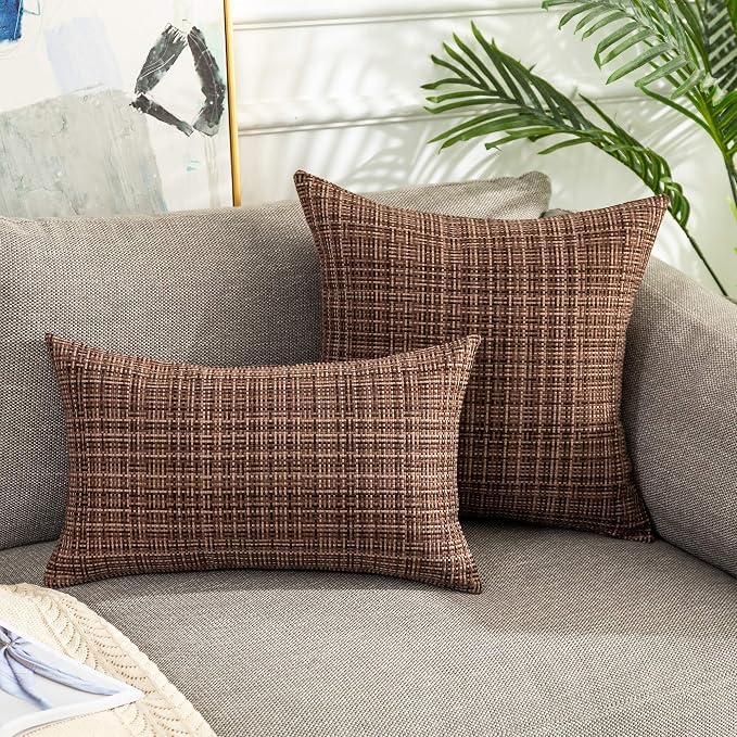 Kevin Textile Outdoor Waterproof Throw Pillow Covers 12x24 Inch Pack of 2 Woven Faux Linen Farmhouse Decorative Water Resistant Lumbar Cushion Covers for Tent Patio Garden Couch Sofa Brown