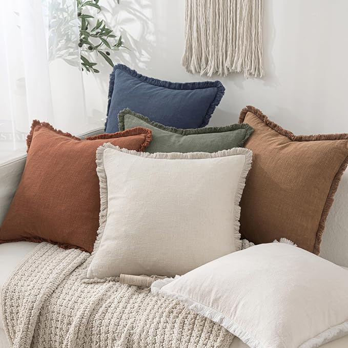 MIULEE Decorative Throw Pillow Covers Neutral Linen Fringe Throw Pillows Set of 2 Brown Boho Farmhouse Cushion Covers with Tassels for Couch Sofa Bed Living Room Fall Home Decor 16x16 Inch