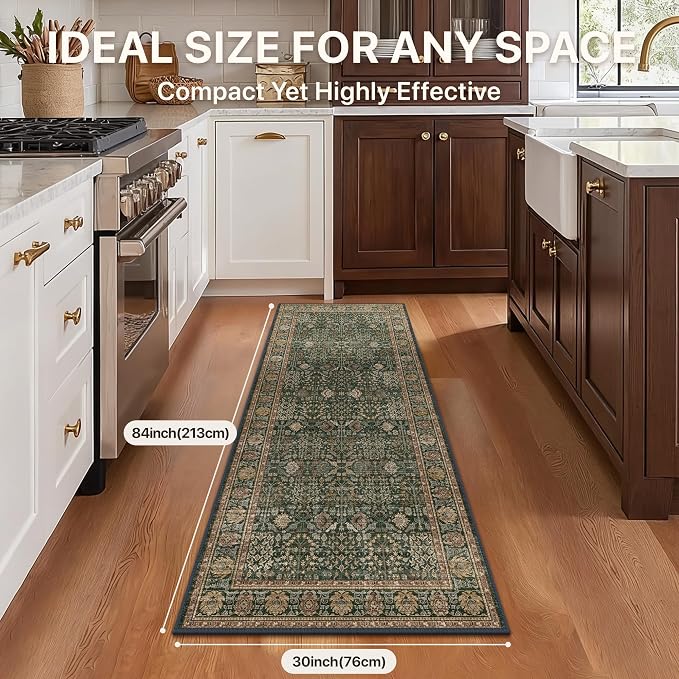 Bavni 2'6''x7 Rug Runners for Hallways, Washable Runner Rug Non Slip, Vintage Floral Print Style Rugs for Bedroom-Lightweight Low Pile Carpet for Hallways Bathroom, Dark Green/Multi