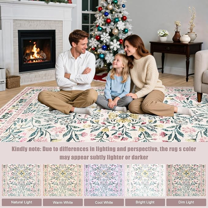 Round Area Rug for Living Room: 8 ft Floral Washable Circle Rug Soft Boho Non-Slip Carpet Indoor Floor Stain Resistant Low Pile Small Circular Rug for Bedroom Entryway Kitchen Nursery Pink/Green