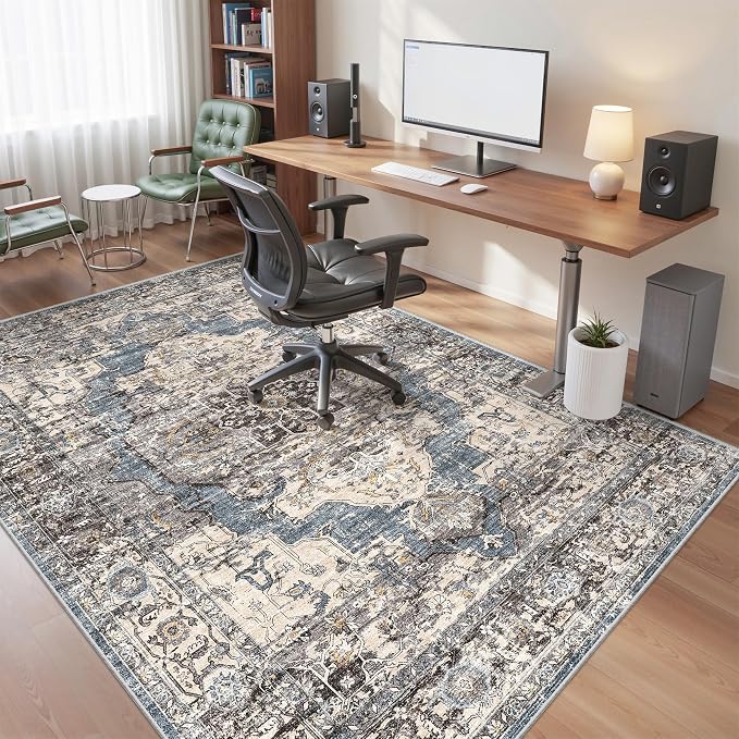 befbee 6x9 Area Rugs for Living Room,Super Soft Ultra-Thin Stain Resistant Machine Washable Rugs for Bedroom,Non-Slip Backing Large Area Rug(Blue/Black,6'x9')