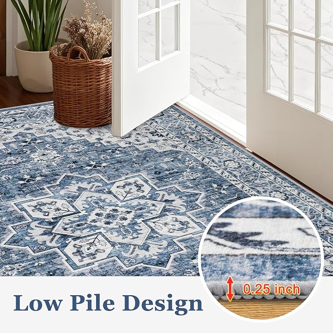 Round Area Rug for Living Room: 8 ft Washable Vintage Boho Soft Thin Circle Rug Indoor Floor No Slip Stain Resistant Carpet for Bedroom Dining Room Farmhouse Nursery Home Office - Blue