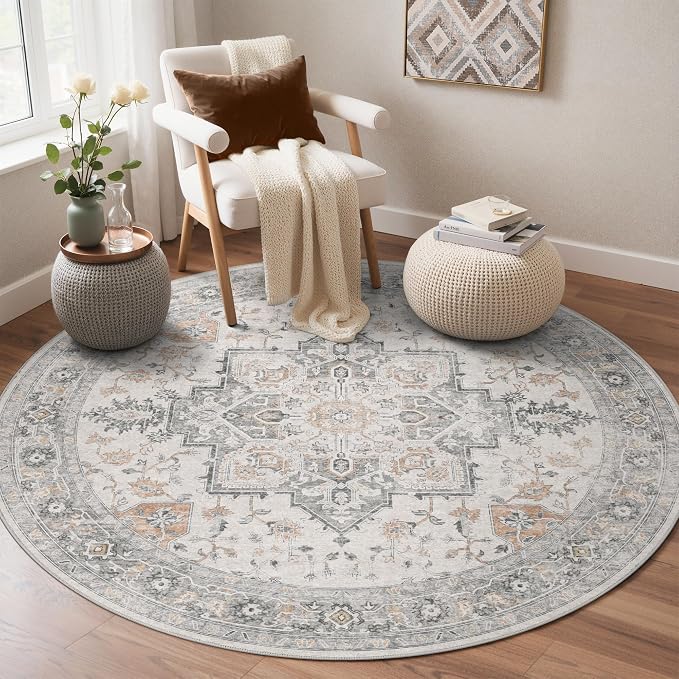GENIMO 7FT Round Area Rugs for Living Room, Circle Rugs Machine Washable Low Pile, Non Slip Vintage Rug for Bedroom, Dining Room, Home Office, Light Taupe Brown