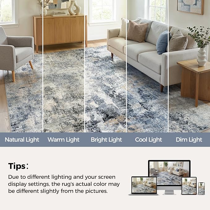WITSHOCK Area Rugs 6ft Round Living Room Rug - Washable Neutral Soft Low Pile Non-Slip Modern Abstract Thin Large Indoor Carpet for Bedroom Dining Room Nursery Office - Dark Blue Brown