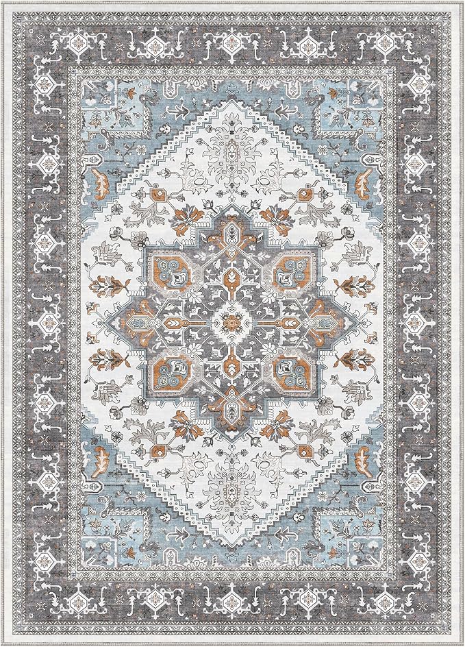 OPPODREAM Soft 8x10 Area Rugs, Washable Rugs 8x10 with Non Slip Backing, Faux Cashmere Low-Pile 8 x 10 Carpet, Grey & Teal & Yellow