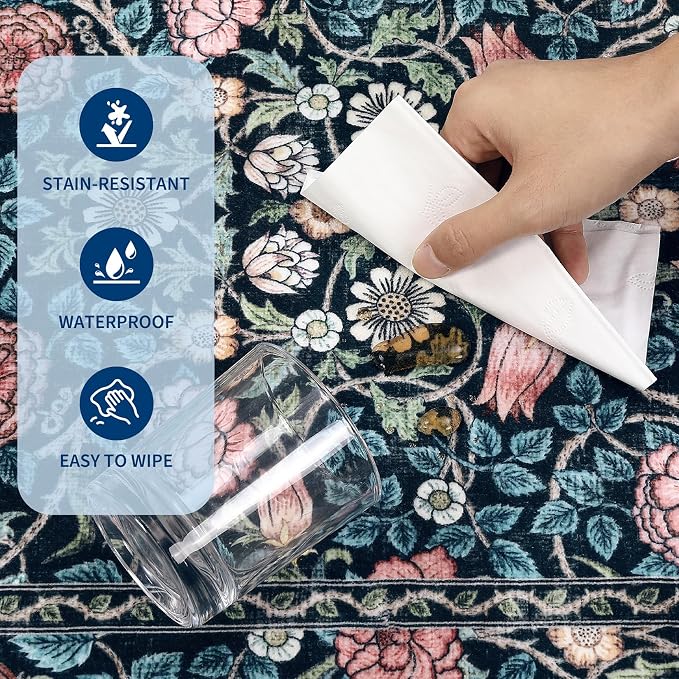 GarveeHome Indigo Blue and Pink Vintage Floral Small Rug 2x3 Door Mat Indoor Rugs for Entryway Washable Non-Slip TPE Backing Soft Low-Pile Rugs for Bathroom Bedroom Kitchen