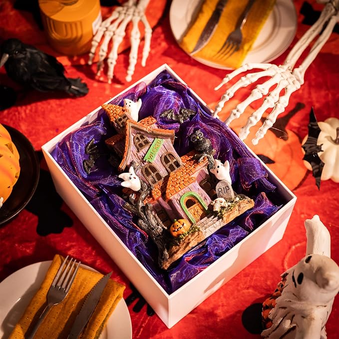 Valery Madelyn Halloween Decorations, Lighted Halloween Village Houses with LED Lights, Resin Spooky Town Happy Haunted House for Home and Party Table Desk Mantel, 9 Inch