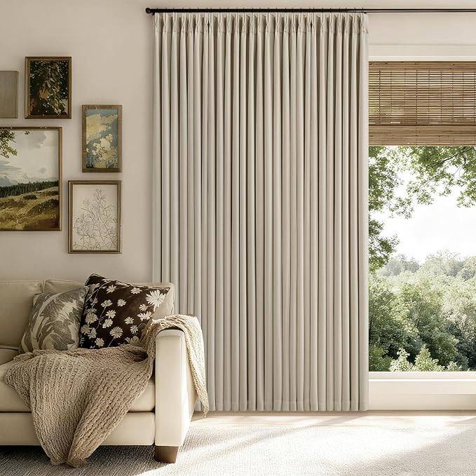 Pinch Pleated Blackout 96 Inch Bedroom Curtains 70 Inch Wide Linen Dual Layer Soundproof Farmhouse Window Curtains for Living Room Hooks Rings Back Tab 100% Black Out Drapes Beige Oatmeal 1 Panel