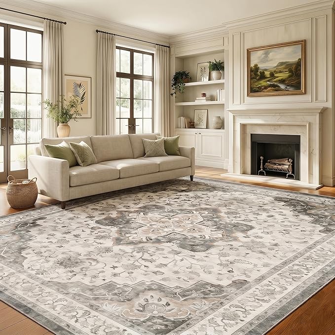 AMADA HOMEFURNISHING 9x12 Washable Area Rug, Low-Profile with Non-Slip Backing & Durable Edge Binding, Vintage Large Rugs for Living Room, Bedroom, Dining Room, Brown