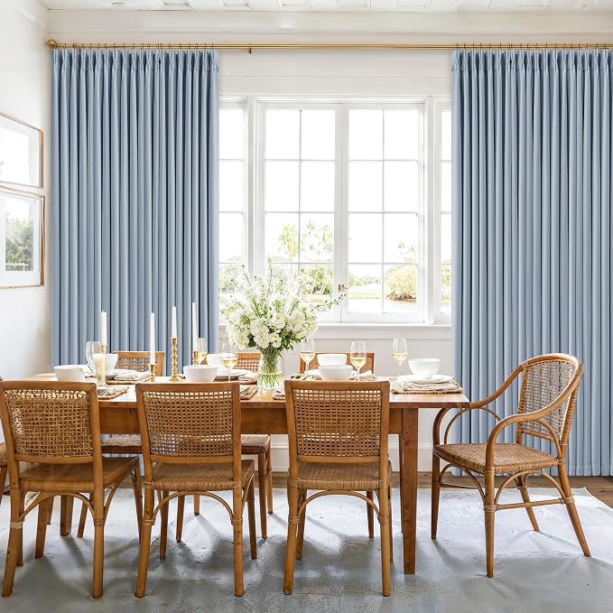 Blue Pinch Pleated Blackout Bedroom Curtains 108 Inches Long for Kids Baby 100% Black Out Thick Linen Dual Layer Pleated Drapes Coastal Light Dusty Blue 108 Inch Curtain for Dining Living Room