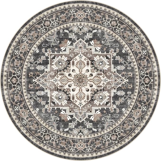5ft Round Area Rug: Washable Vintage Neutral Soft Non Slip Thin Large Floor Carpet for Living Room Bedroom Kitchen Dining Room Home Office Farmhouse Indoor - Black