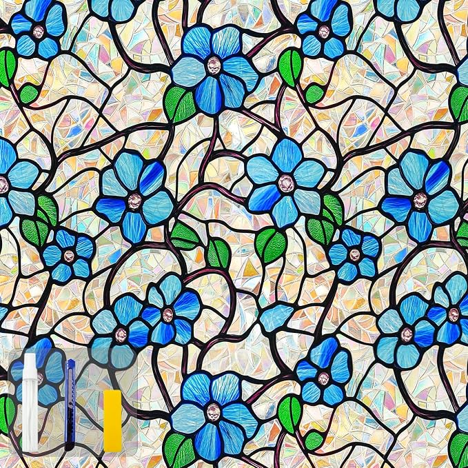 QHY Sunshine Privacy Window Film with Installation Tool Decorative Stained Glass Window Stickers Reusable Window Film (Indigo Rainbow, 45.2 x78.7)