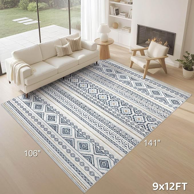 cotiled 7x9 Area Rugs Living Room Rug: Washable Boho Rugs with Non Slip Backing Large Soft Indoor Stain Resistant Carpet for Bedroom Farmhouse Dining Room Lightweight Home Decor Blue
