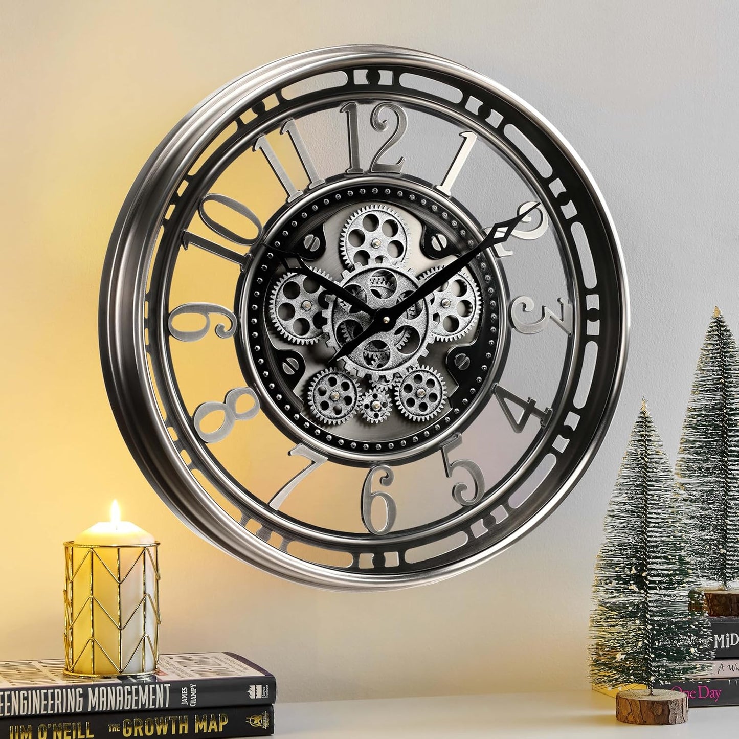 CLXEAST 21 Inch Large Moving Gear Wall Clock,Industrial Steampunk Decor,Decorative Wall Clock for Modern Farmhouse Living Room Decor,Gunmetal Silver Finish