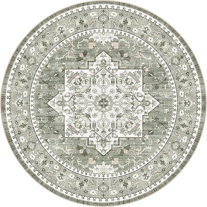 8ft Round Area Rug: Washable Vintage Neutral Soft Non Slip Thin Large Floor Carpet for Living Room Bedroom Kitchen Dining Room Home Office Farmhouse Indoor - Green
