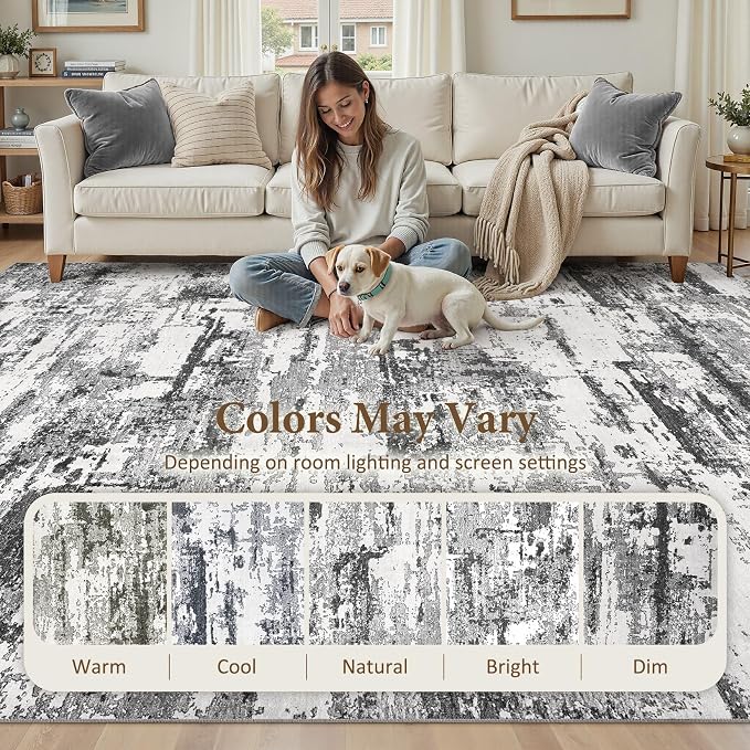 Area Rugs 7x9 Living Room: Washable Large Abstract Modern Neutral Soft Rug Stain Resistant Non-Slip Backing Carpet for Bedroom Dining Room Indoor Nursery Dorm Home Office Decor - Black Grey