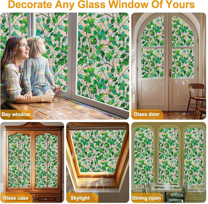 COUNTEWOL Window Privacy Film with Installation Tools Home Decorative Colored Glass Window Stickers Reusable electrostatic Rainbow Stickers (Greenery Leaf, 35.4 x 78.7 in)