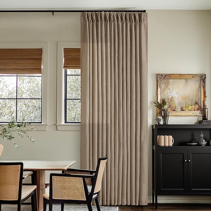 TWODRAPES Tan Brown Linen Curtains 86 Inches Long for Living Room Pinch Pleated Drape with Hooks Rings for Track System Light Filtering 86 Inch Curtain for Bedroom Sliding Patio Door 2 Panels Latte