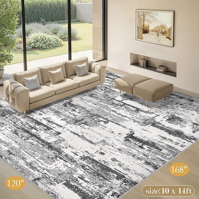 Area Rugs for Living Room: 10x14 Abstract Washable Rug Modern Neutral Large Soft Stain Resistant Non-Slip Backing Machine Table for Bedroom Dining Room Indoor Home Office Carpet - Black Grey