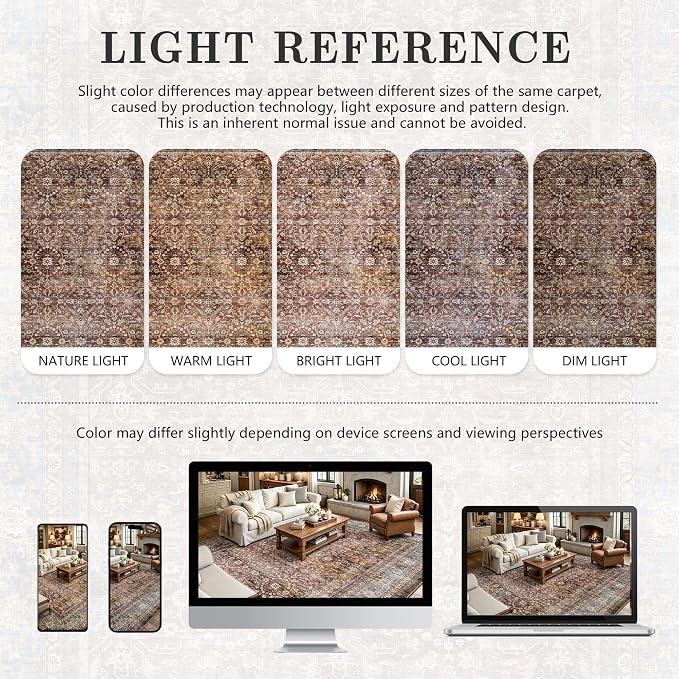 6x9 Area Rugs - Washable Vintage Retro Living Room Rug, Soft Ultra Thin Non Slip Low Pile Traditional Distressed Boho Carpet for Bedroom Dining Room Nursery Home Office, Dark Red Brown
