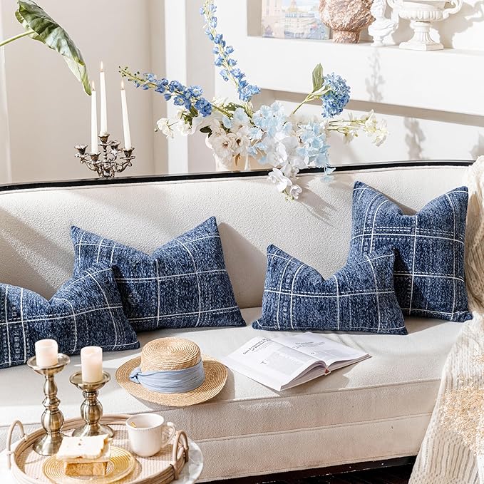 BlissBlush Decorative Lumbar Pillow Covers 12x20 Set of 2, Boho Blue Chenille Accent Rectangular Throw Pillow Covers for Couch Sofa Living Room Home Décor (Cover Only)