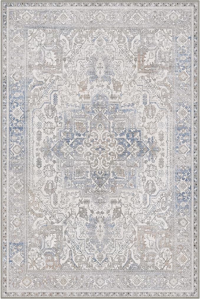 GENIMO 5x7 Area Rugs for Living Room, Machine Washable Rugs, Low Pile Non Slip Rug for Bedroom, Dining Room, Home Office, Khaki Blue