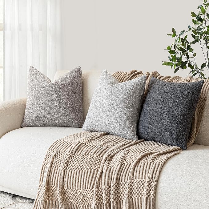 Foindtower Set of 2, Decorative Textured Boucle Throw Pillow Covers Accent Solid Pillow Cases Soft Cozy Couch Cushion Case for Chair Sofa Bedroom Living Room Home Decor 16 x 16 Inch Neutral Grey