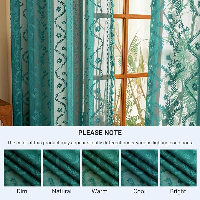WAZZIO Boho Lace Curtains 2 Panels 96 Inch -Victorian Sheer Panel Drape French Country Floral Pattern & Tassel Light Filtering Privacy for Bedroom Dining Living Room,Coastal Decor,Teal,W52x L96