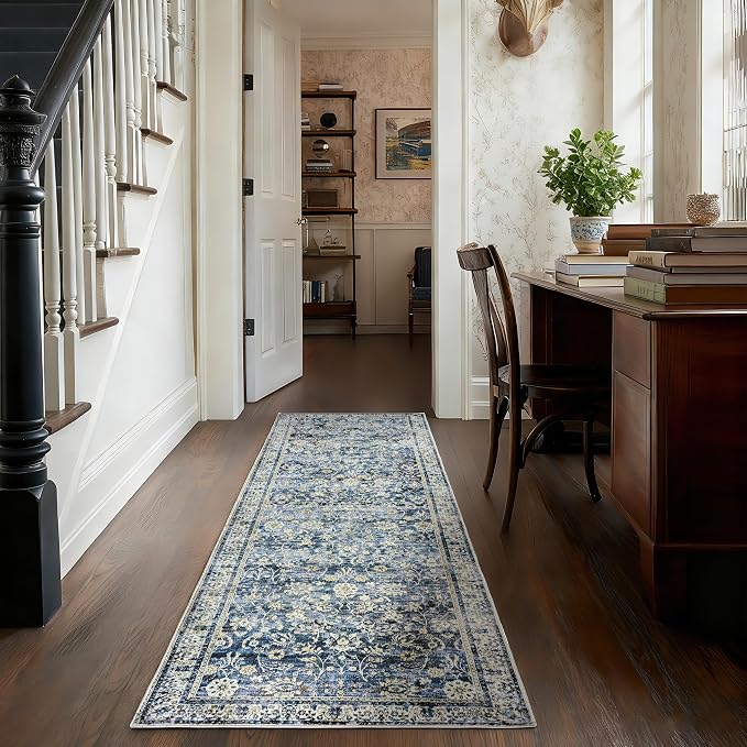 Blue 2x6 Runner Rug for Hallway Low Pile Kitchen Rugs Non Slip Washable Vintage Floral Distressed Design Carpet for Entryway Bedroom Boho Retro Dark Blue Rug for Bathroom Indoor 2 x 6