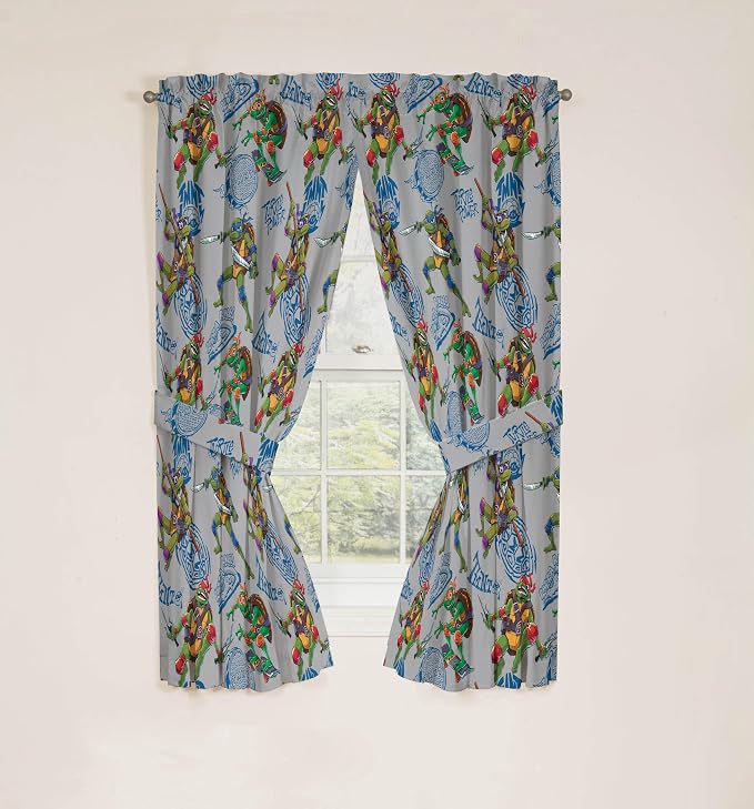 Jay Franco Window Curtains for Kids Bedroom 4-Piece Drape Set with 2 Tiebacks, Grey - Teenage Mutant Ninja Turtles, 42" W x 63" L (Pack of 2)